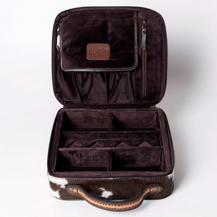 American Darling Jewelry Case for Women - Hair-On Cowhide, Hand Tooled Floral Carved Genuine Leather Travel Organizer