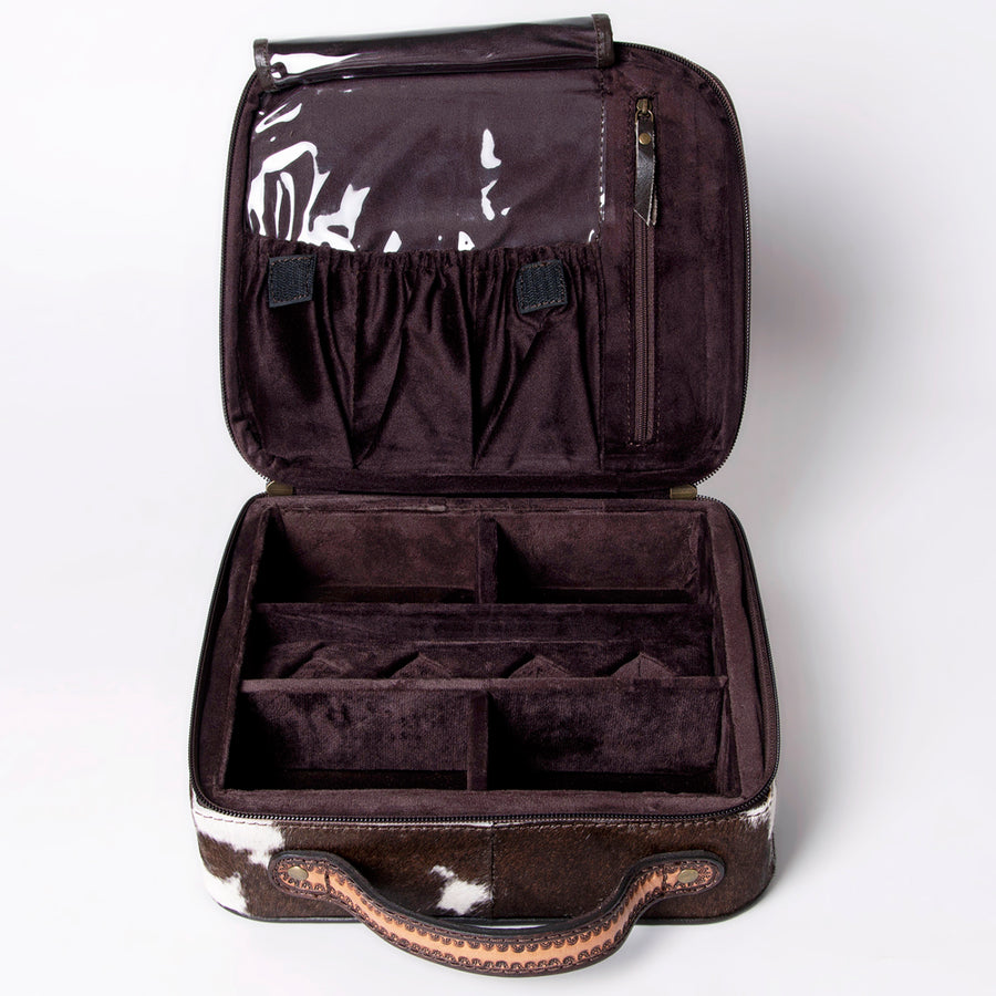 American Darling Jewelry Case for Women - Hair-On Cowhide, Hand Tooled Floral Carved Genuine Leather Travel Organizer