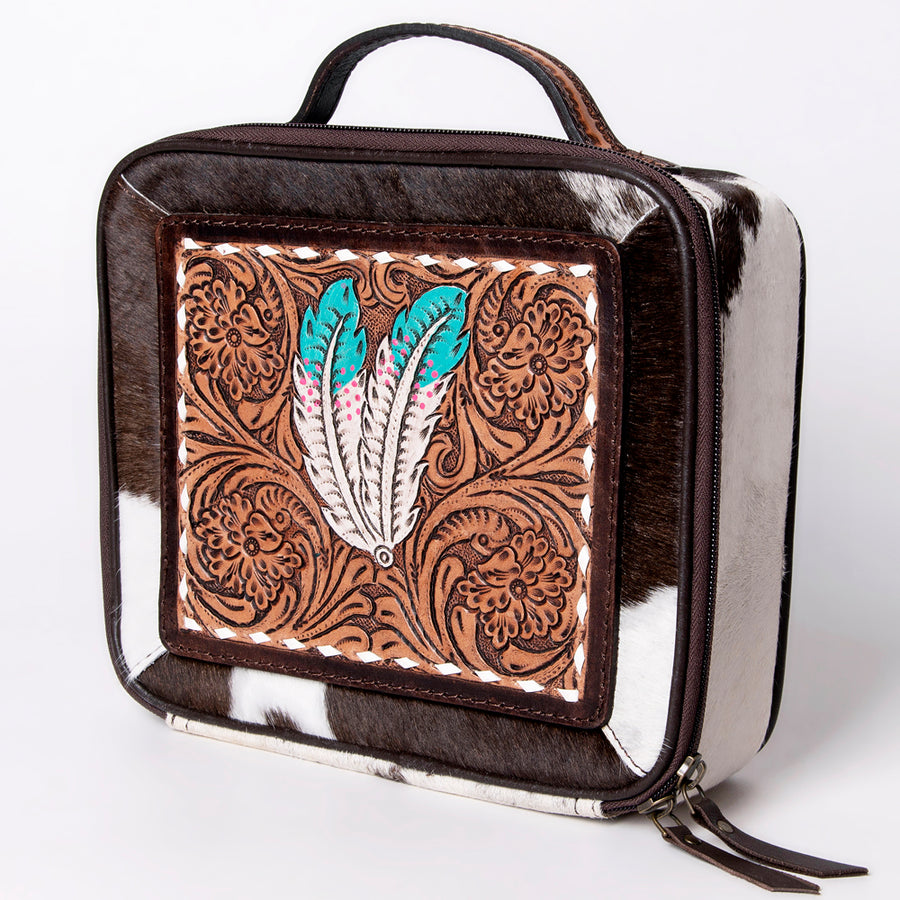 American Darling Western Hand Tooled Leather Hair-On Cowhide Jewelry Case - Uhorse