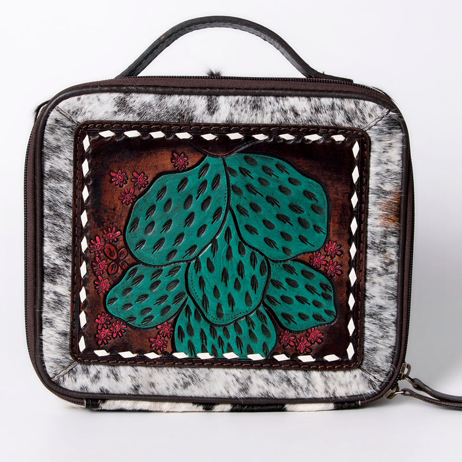 American Darling Jewelry Case for Women - Hair-On Cowhide, Hand Tooled Floral Carved Genuine Leather Travel Organizer