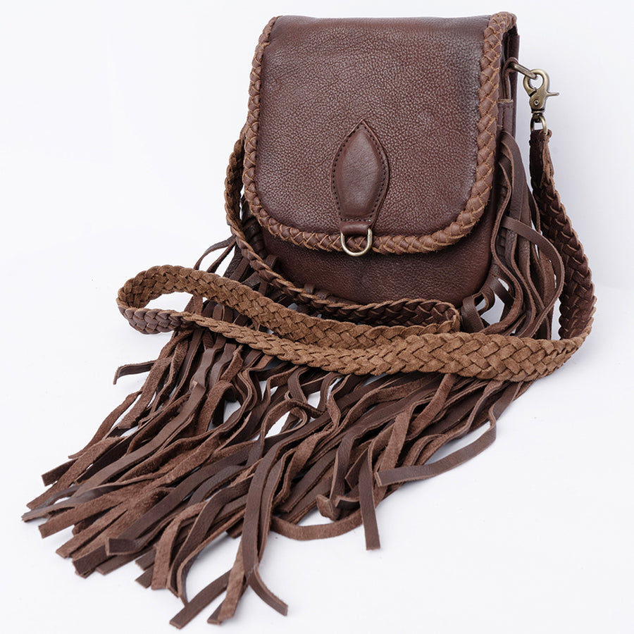 American Darling Handcrafted Leather Cross body Bag with Long Fringes and Braided Trim - Uhorse