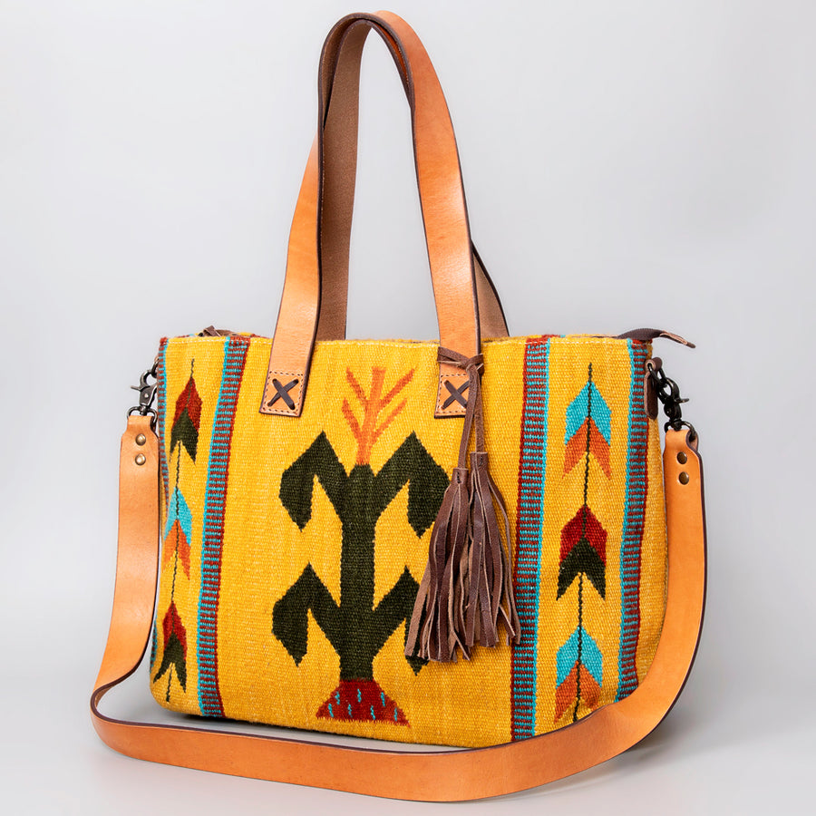 American Darling Hand Woven Saddle Blanket Western Leather Tote Bag with Tassels - Uhorse