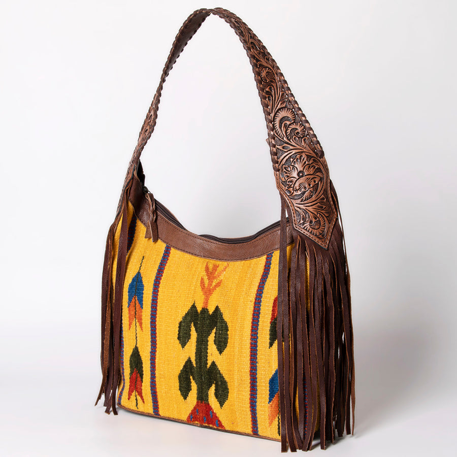American Darling Hand Tooled Leather Hobo Bag with Hand Woven Saddle Blanket and Fringes - Uhorse