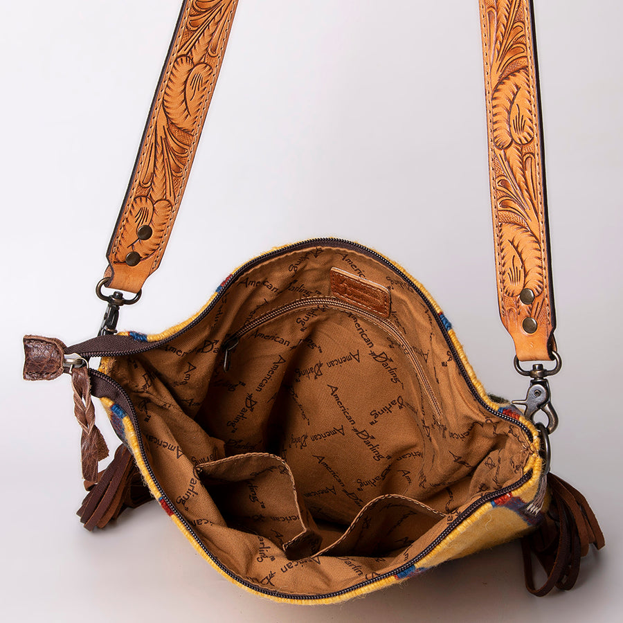 American Darling Cross body Bag Hand Woven Saddle Blanket Hand Tooled Western Leather Purse with Fringes 15in x 15in x 3in