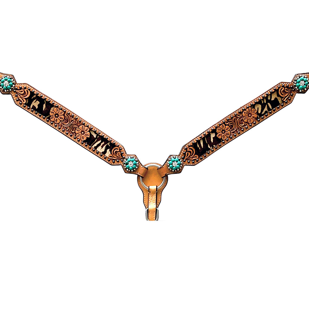 Bar H Equine Horse Genuine Leather Floral Design Breast Collar ,Headstall Tan