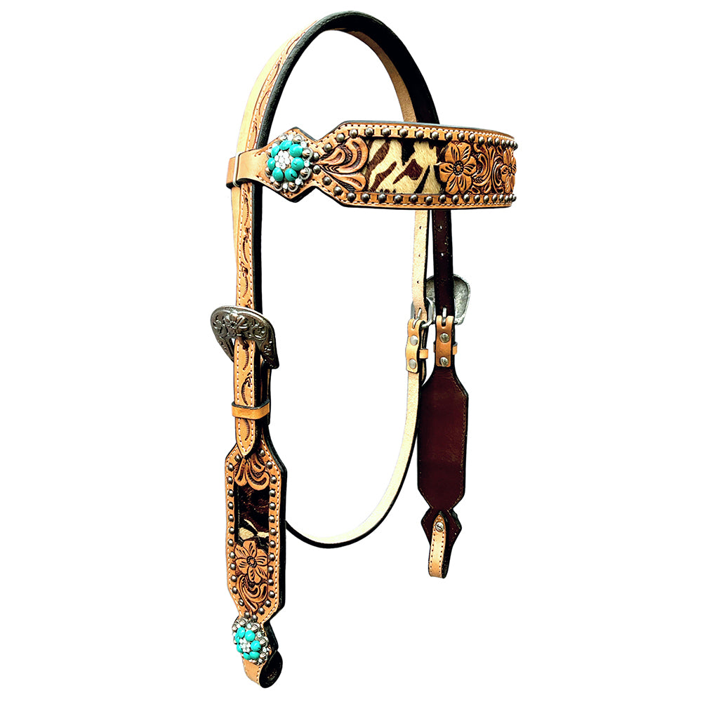 Bar H Equine Horse Genuine Leather Floral Design Breast Collar ,Headstall Tan
