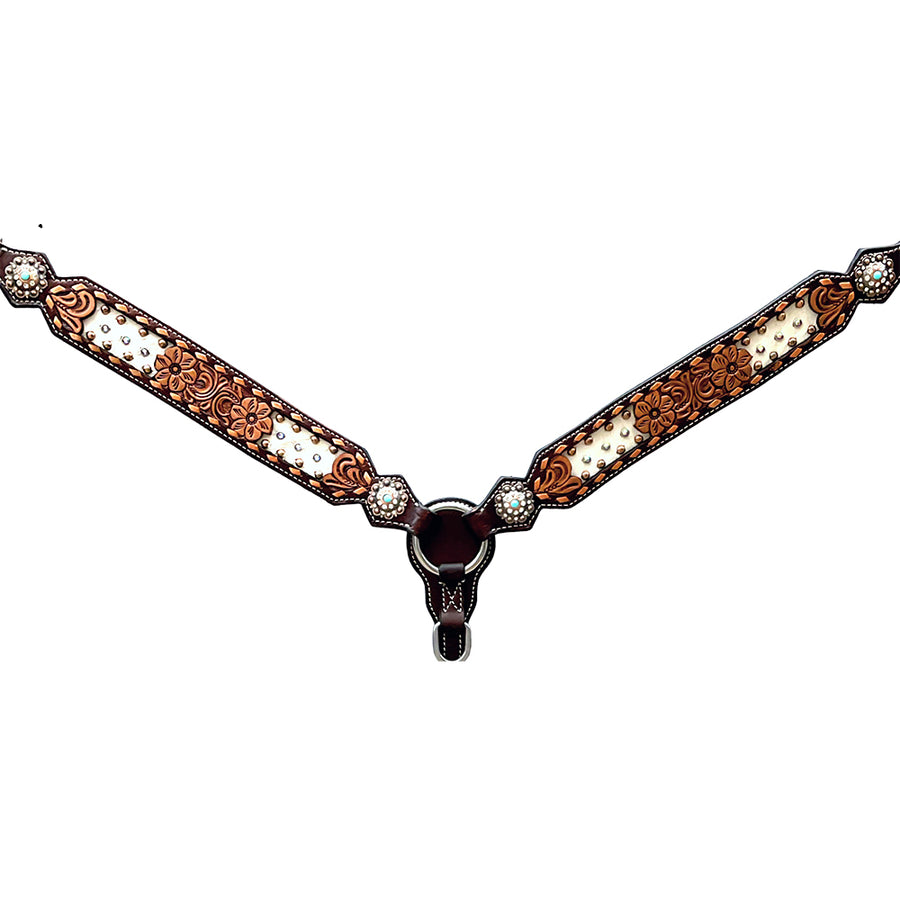 Bar H Equine Horse Genuine Leather Floral Design Breast Collar Brown - Uhorse