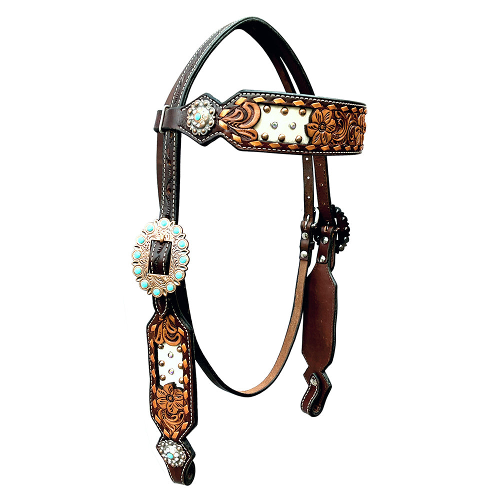 Bar H Equine Horse Genuine Leather Floral Design Breast Collar ,Headstall Brown