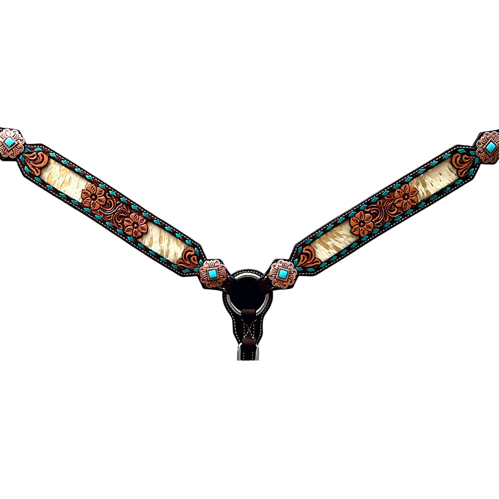 Bar H Equine Horse Genuine Leather Floral Design Breast Collar ,Headstall Brown