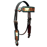 Bar H Equine Horse Genuine Leather Floral Design Breast Collar ,Headstall Brown