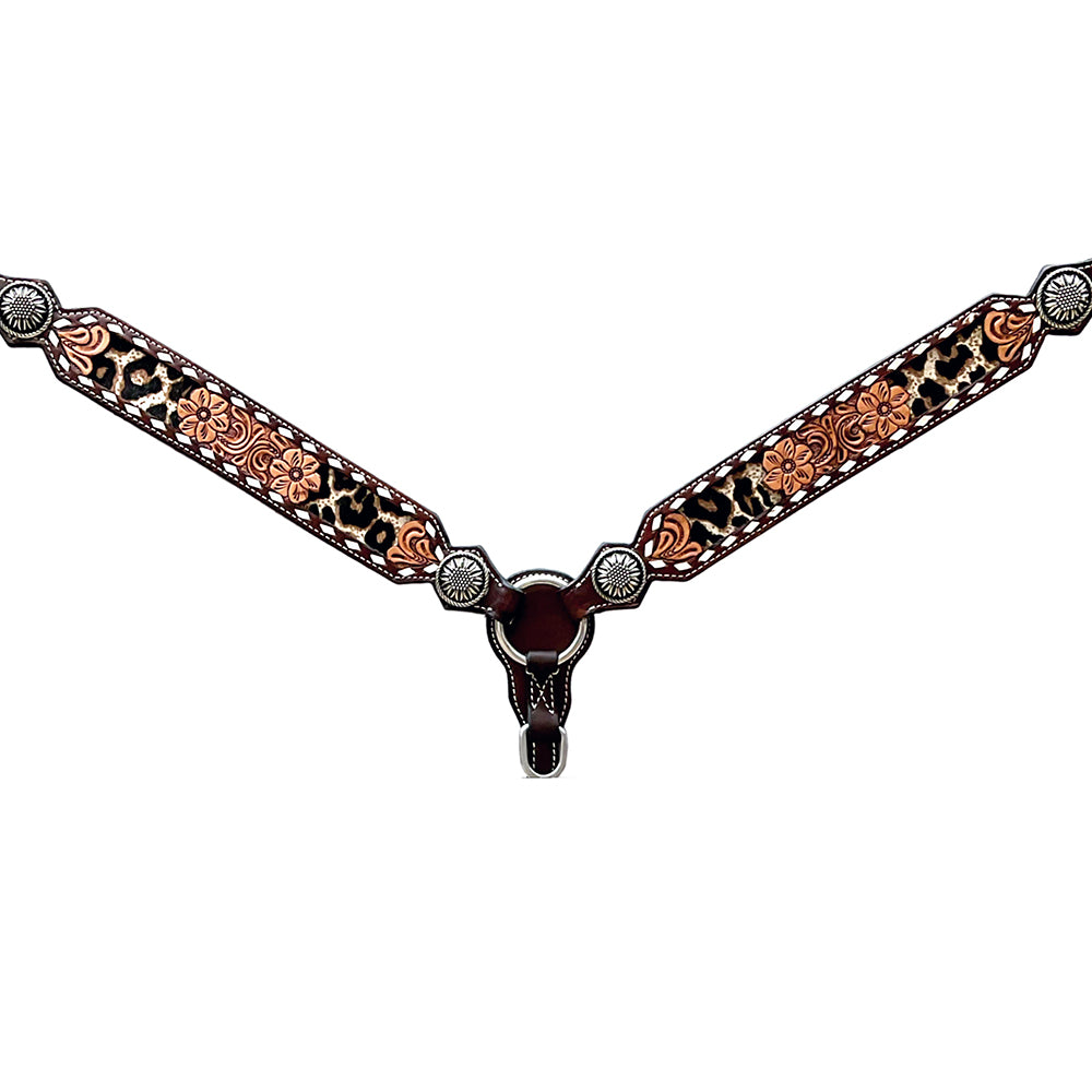 Bar H Equine Horse Genuine Leather Floral Design Breast Collar ,Headstall Brown