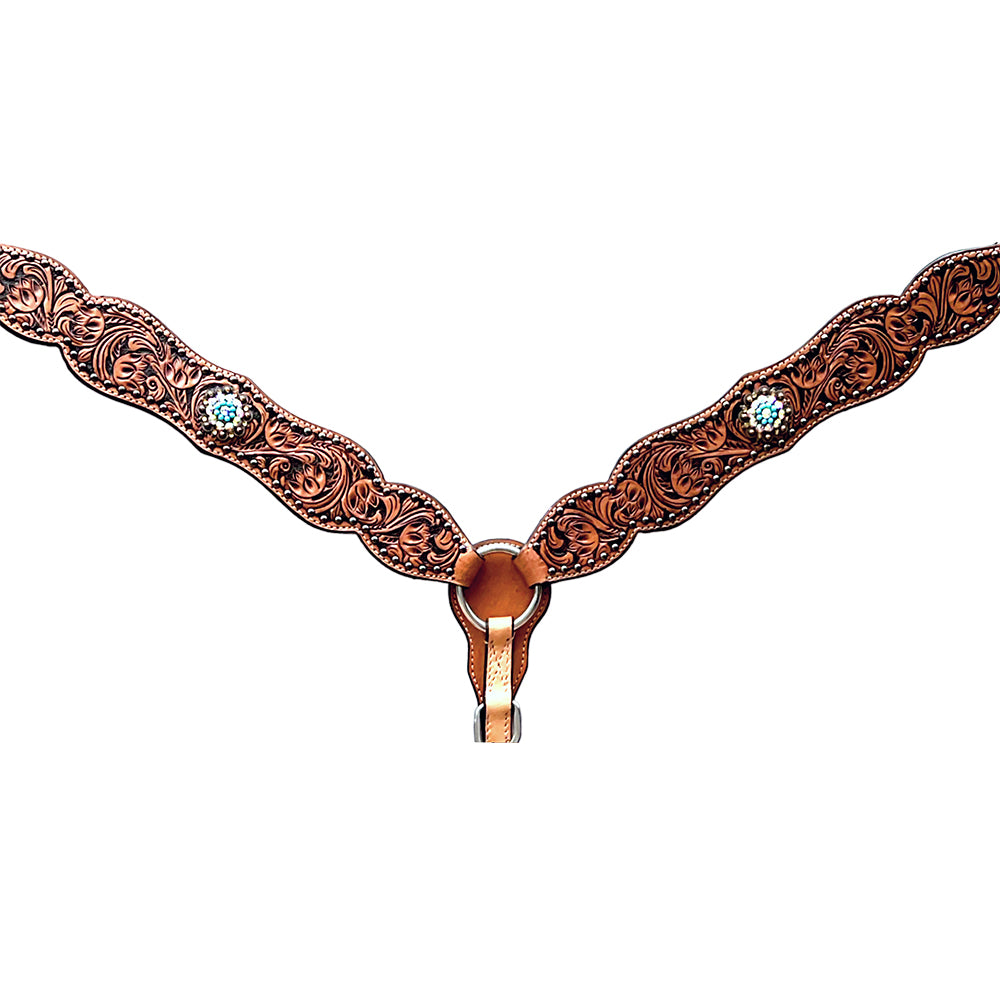 Bar H Equine Horse Genuine Leather Floral Design Breast Collar ,Headstall Brown