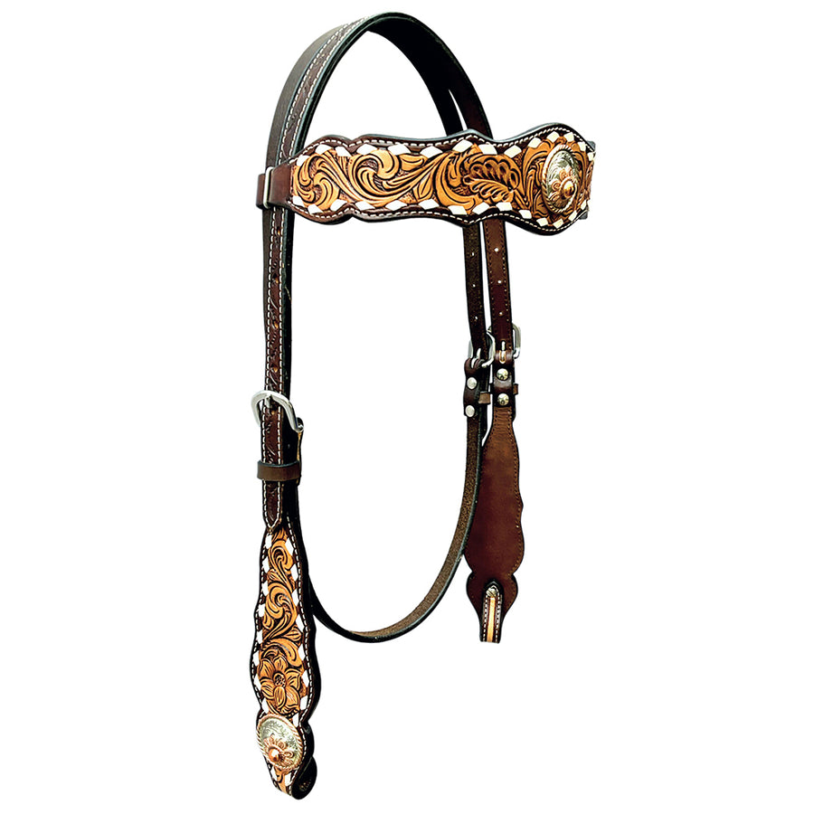 Bar H Equine Horse Genuine Leather Floral Design Headstall Brown - Uhorse