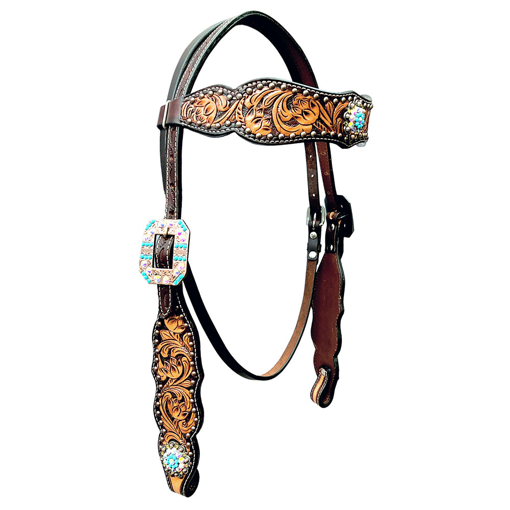Bar H Equine Horse Genuine Leather Floral Design Breast Collar ,Headstall Brown