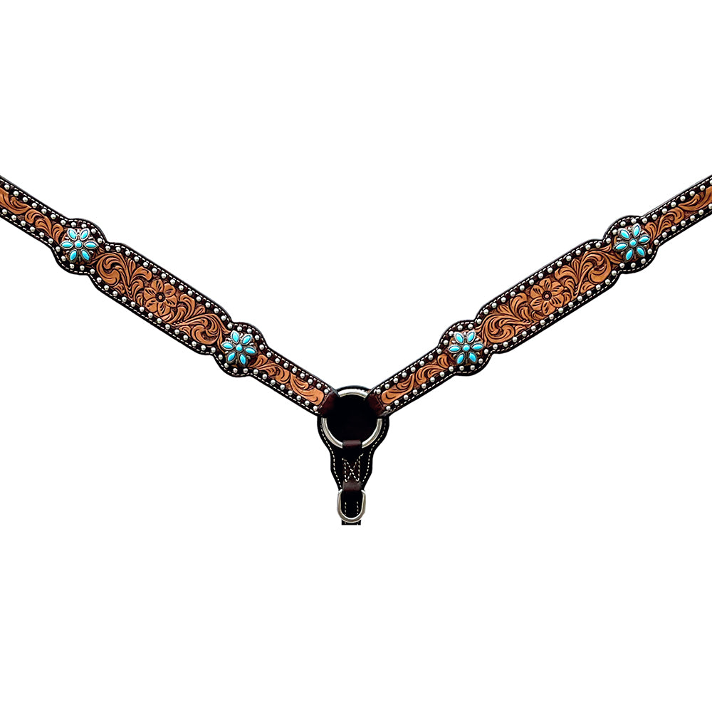 Bar H Equine Horse Genuine Leather Floral Design,Stud Breast Collar ,Headstall Brown