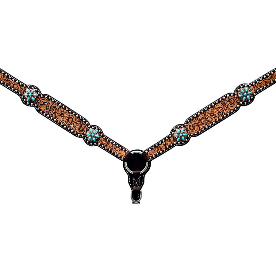Bar H Equine Horse Genuine Leather Floral DesignStud Breast Collar Brown - Uhorse