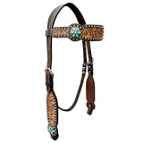 Bar H Equine Horse Genuine Leather Floral Design,Stud Breast Collar ,Headstall Brown