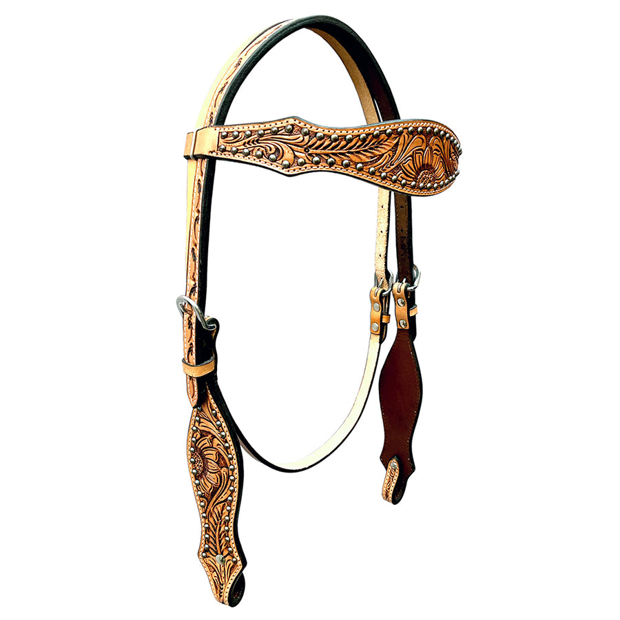 Bar H Equine Horse Genuine Leather Floral Design Headstall Tan - Uhorse