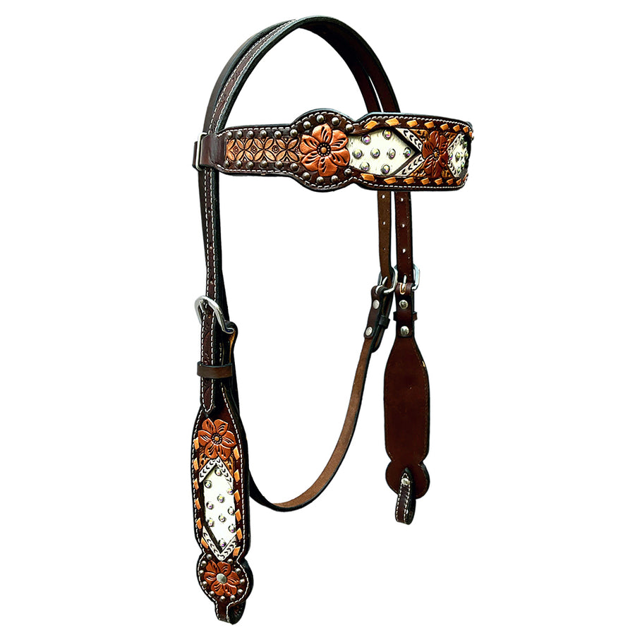 Bar H Equine Horse Genuine Leather Floral Design Headstall Brown - Uhorse