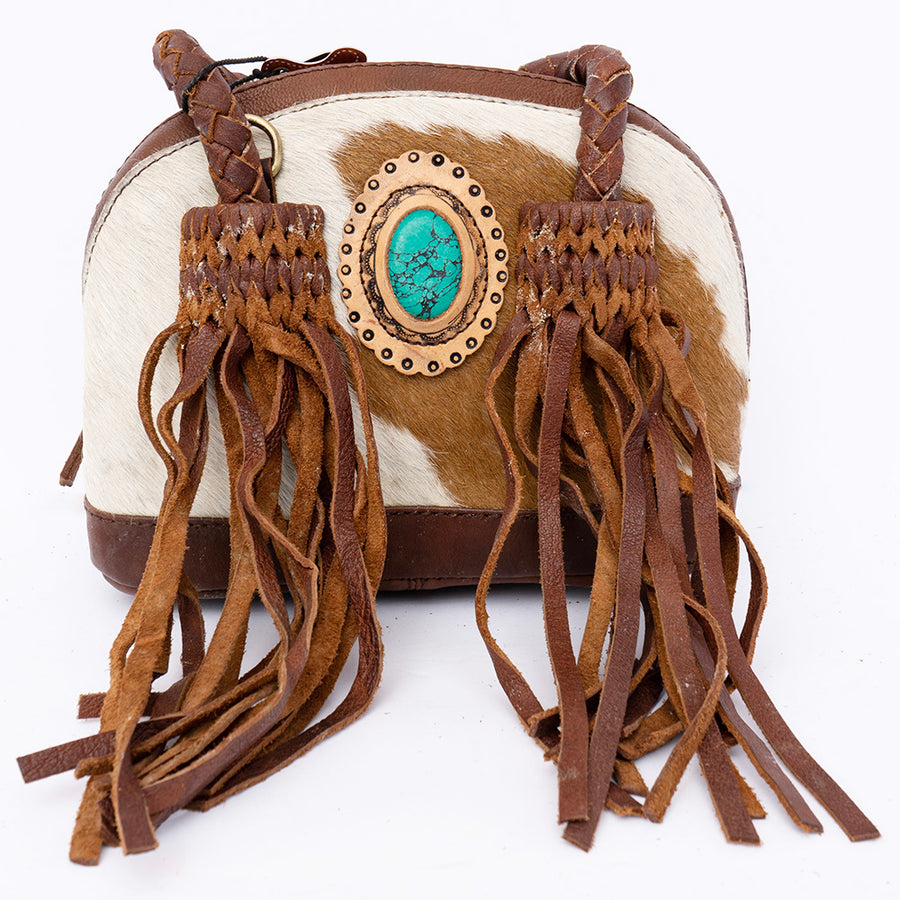 American Darling Tote Bag, Genuine Hair-On Cowhide & Leather Western Purse with Turquoise Stone & Braided Handles
