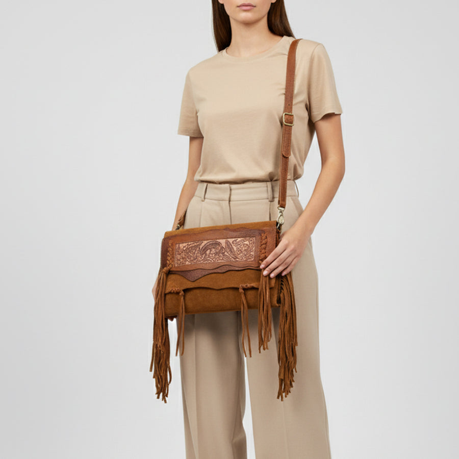 American Darling Small Cross body Bag Western Hand Tooled Floral Carved Genuine Leather Purse with Fringes and Braided Detail