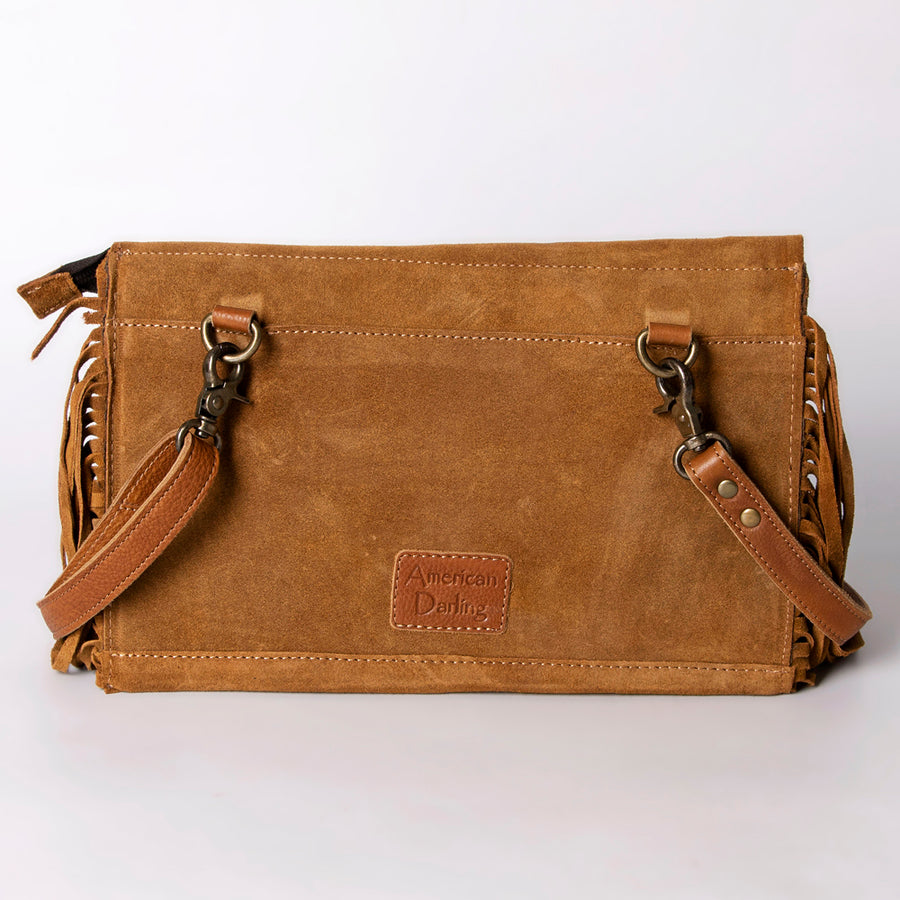 American Darling Small Cross body Bag Western Hand Tooled Floral Carved Genuine Leather Purse with Fringes and Braided Detail