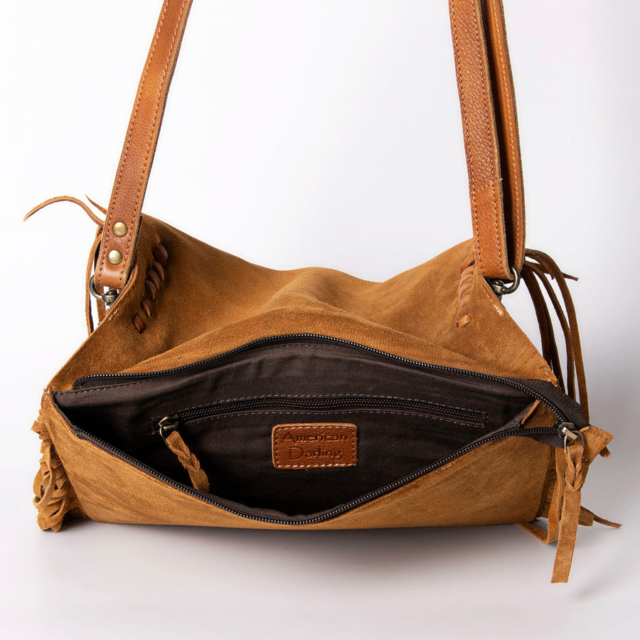 American Darling Small Cross body Bag Western Hand Tooled Floral Carved Genuine Leather Purse with Fringes and Braided Detail