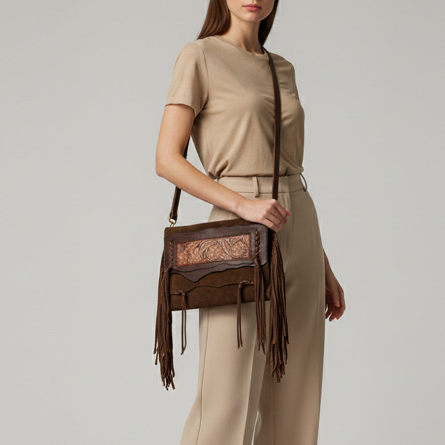 American Darling Small Cross body Bag Western Hand Tooled Floral Carved Genuine Leather Purse with Fringes and Braided Detail
