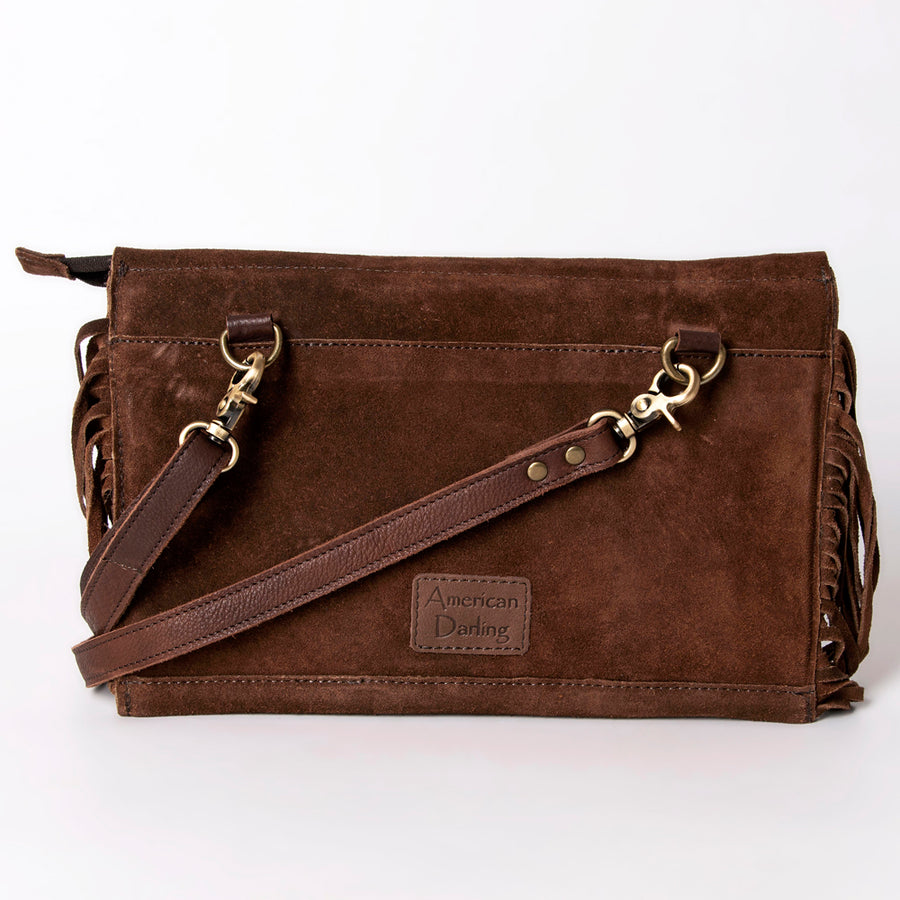 American Darling Small Cross body Bag Western Hand Tooled Floral Carved Genuine Leather Purse with Fringes and Braided Detail