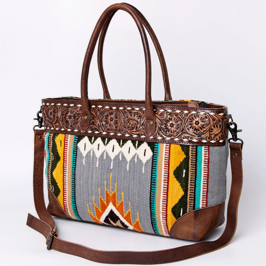 American Darling Western Tote Bag Hand Tooled Floral Carved with Hand Woven Saddle Blanket - Uhorse
