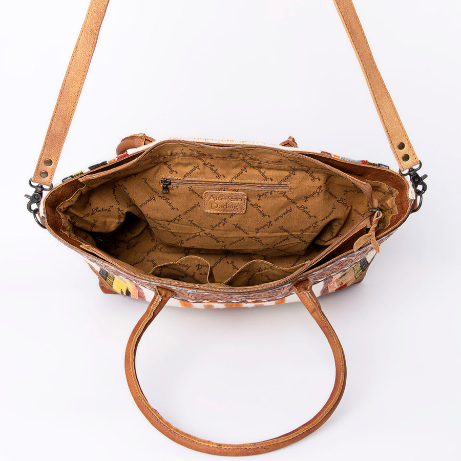 American Darling Tote Bag Western Leather Hand Tooled Floral Carved Hand Woven Saddle Blanket Genuine Leather 12x16