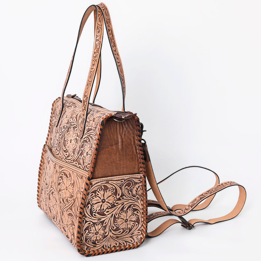 American Darling Hand-Tooled Floral Leather Backpack Tote for Women – Genuine Western Convertible Bag with Adjustable Straps and Dual Handles