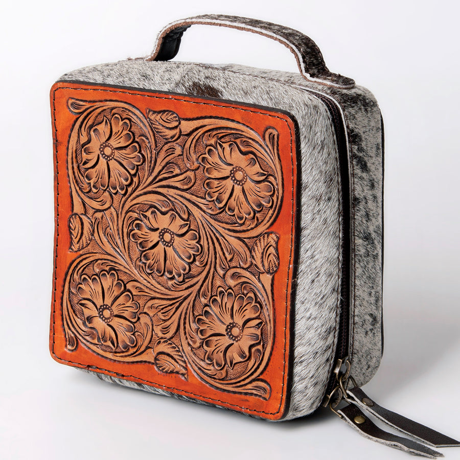 American Darling Hand Tooled Leather Hair-On Cowhide Jewelry case - Hilason
