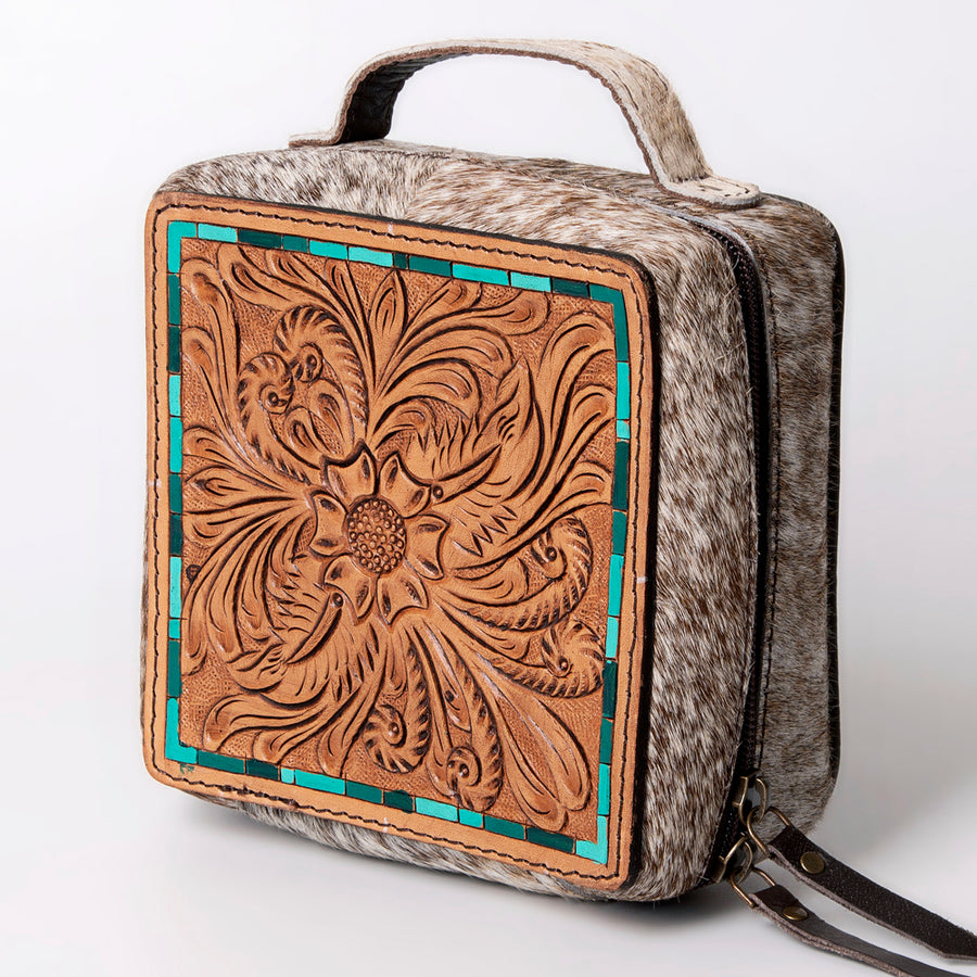 American Darling Hand Tooled Leather Hair-On Cowhide Jewelry case - Hilason