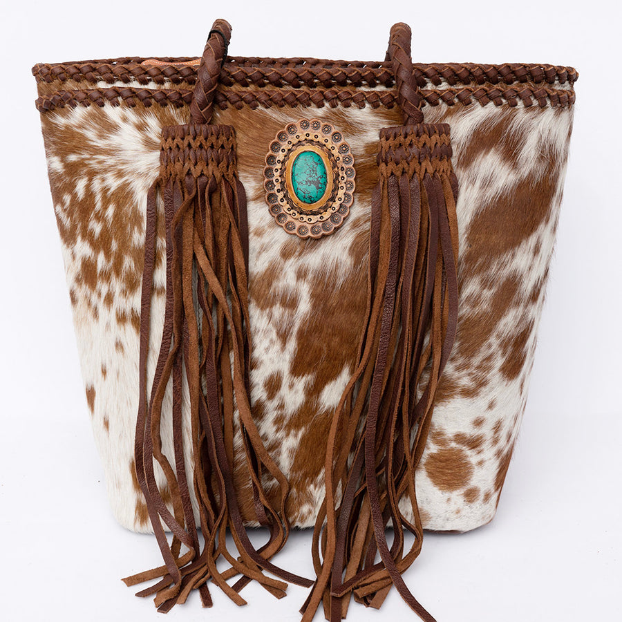 American Darling Tote Bag, Genuine Hair-On Cowhide & Leather with Turquoise Stone, Braided Handles & Fringes, Handcrafted