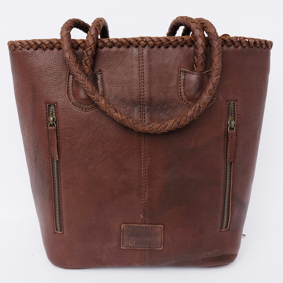 American Darling Tote Bag, Genuine Hair-On Cowhide & Leather with Turquoise Stone, Braided Handles & Fringes, Handcrafted