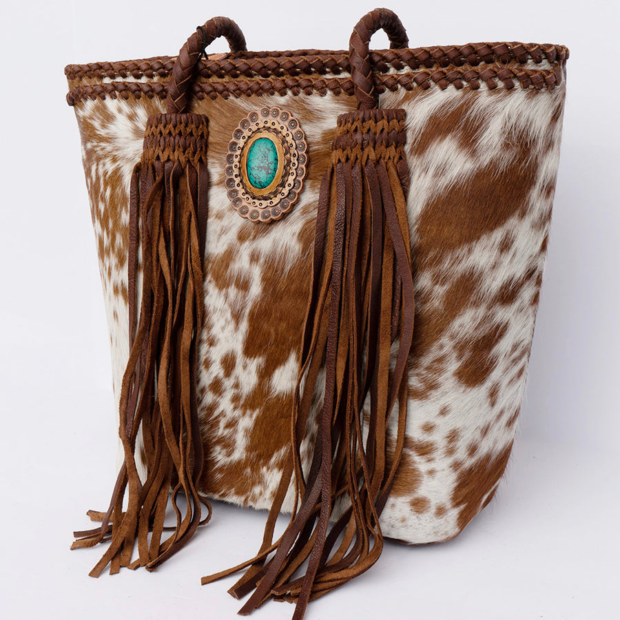American Darling Hair-On Cowhide Tote Bag with Turquoise Stone and Fringes - Uhorse