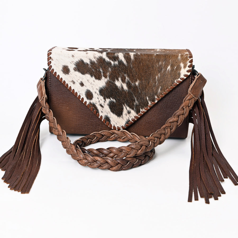 American Darling Hair-On Leather Envelope Bag for Women – Genuine Western Cowhide Crossbody Purse with Braided Strap and Fringe