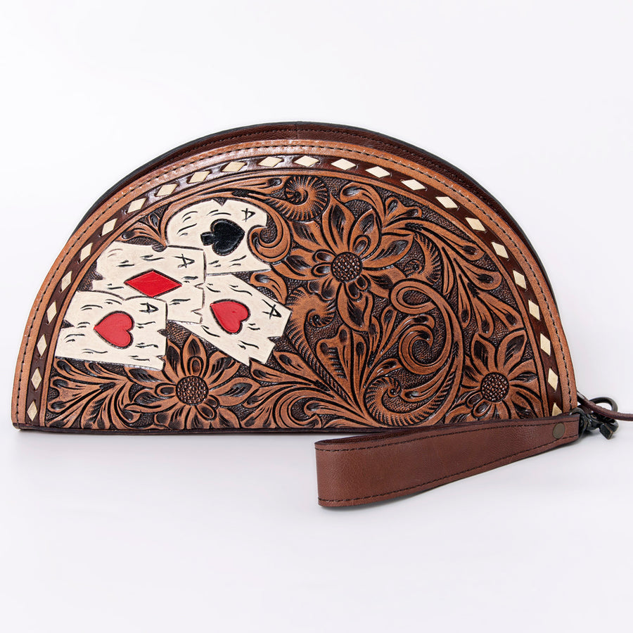 American Darling Hand-Tooled Leather Taco Clutch for Women – Genuine Full-Grain Leather Wristlet with Western Floral Carving and Playing Card Design