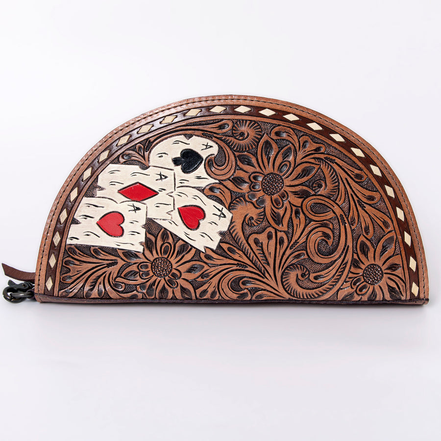 American Darling Hand-Tooled Leather Taco Clutch for Women – Genuine Full-Grain Leather Wristlet with Western Floral Carving and Playing Card Design