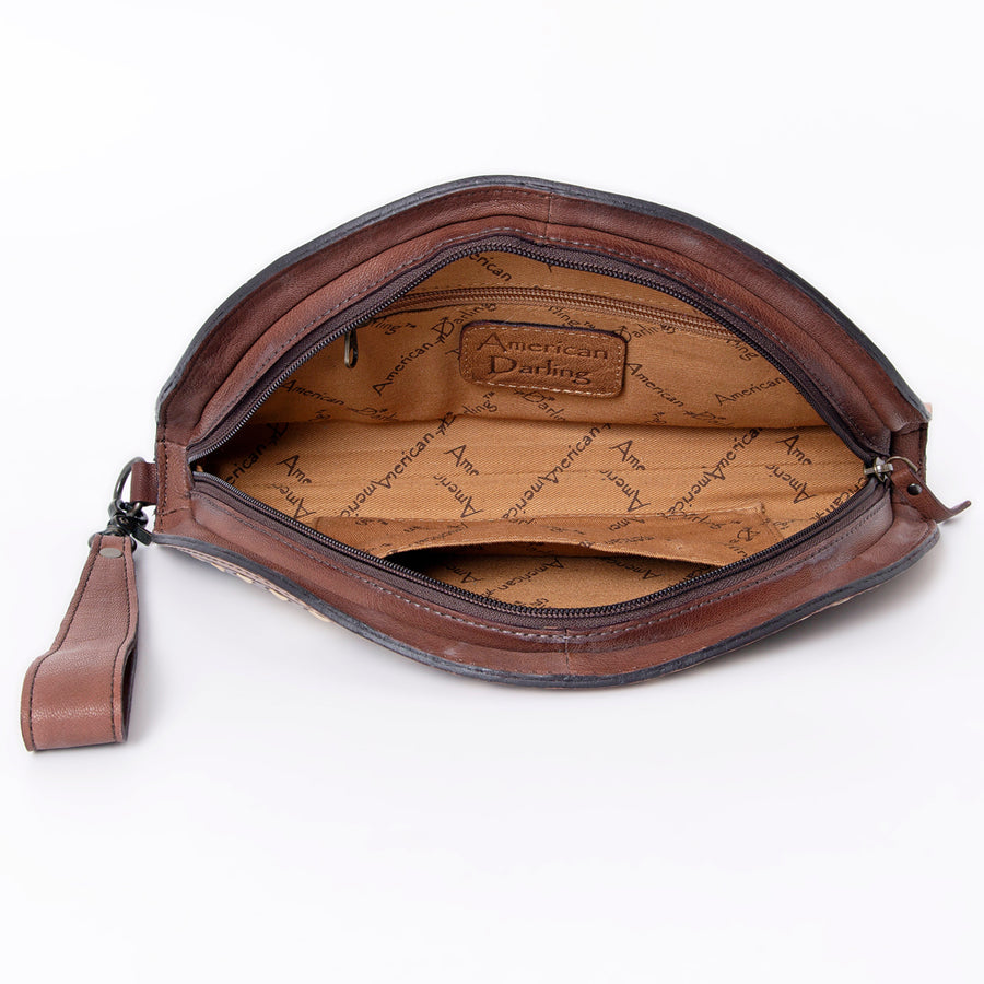 American Darling Hand-Tooled Leather Taco Clutch for Women – Genuine Full-Grain Leather Wristlet with Western Floral Carving and Playing Card Design