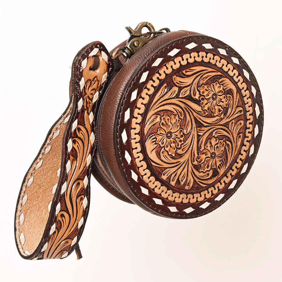 American Darling Canteen Bag, Hand Tooled Thunderbird Floral Leather, Genuine Vegetable-Tanned Crossbody, Small Western Purse