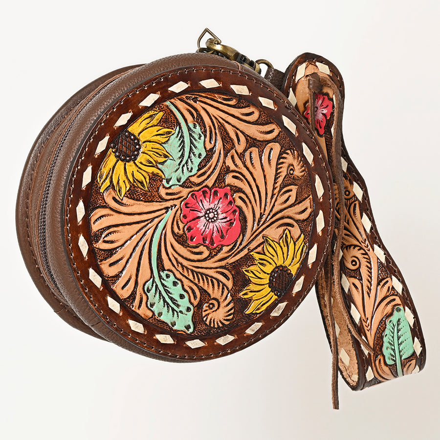 American Darling Canteen Bag, Hand Tooled Thunderbird Floral Leather, Genuine Vegetable-Tanned Crossbody, Small Western Purse