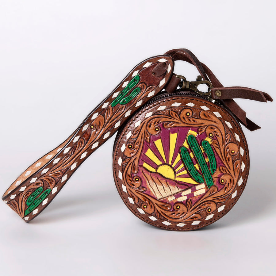 American Darling Canteen Bag, Hand Tooled Thunderbird Floral Leather, Genuine Vegetable-Tanned Crossbody, Small Western Purse