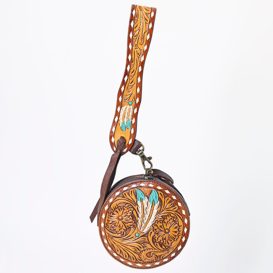 American Darling Canteen Bag, Hand Tooled Thunderbird Floral Leather, Genuine Vegetable-Tanned Crossbody, Small Western Purse