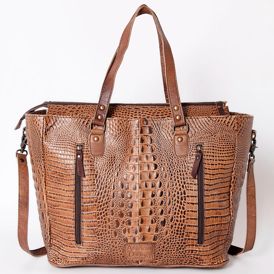 American Darling Western Leather Tote Bag, Crocodile Embossed Full Grain Genuine Leather, Eco-Friendly Large Shopper Bag