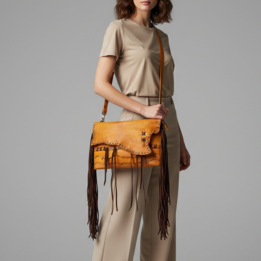 American Darling Small Cross body Bag Western Hand Tooled Floral Carved Genuine Leather Purse with Fringes and Braided Detail