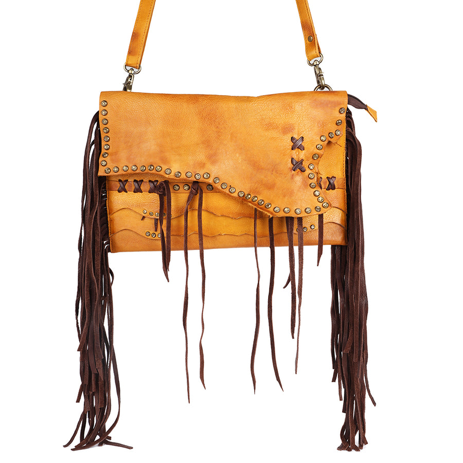 American Darling Small Cross body Bag Western Hand Tooled Floral Carved Genuine Leather Purse with Fringes and Braided Detail