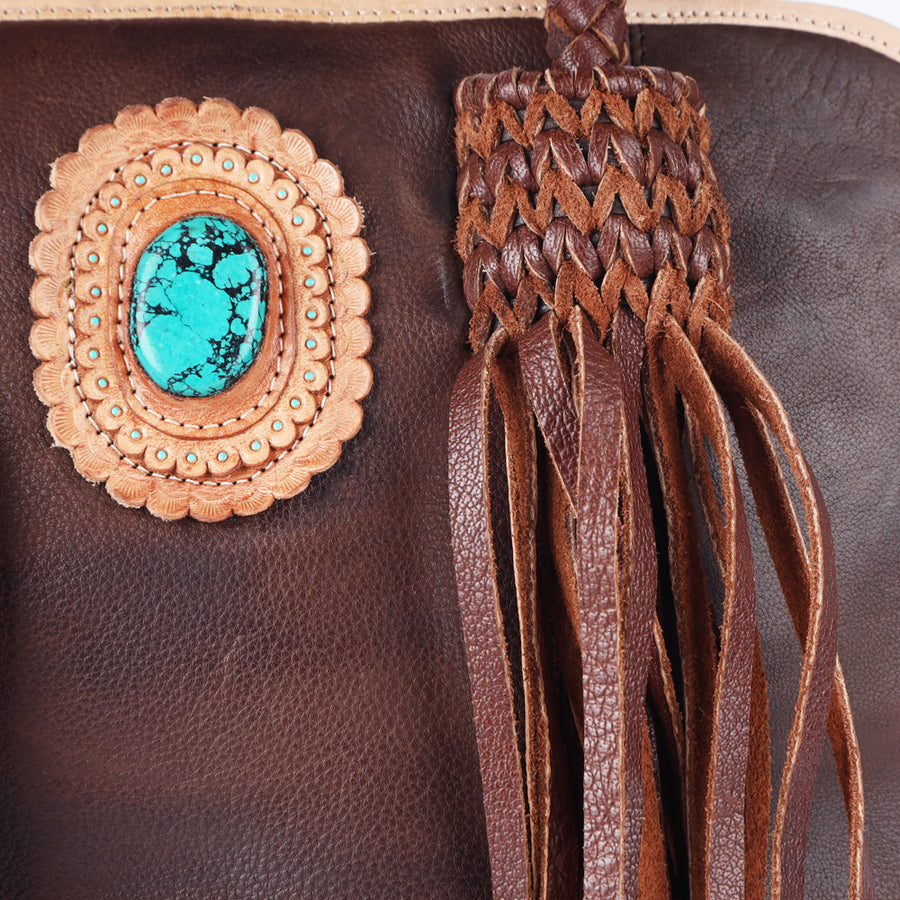 American Darling Tote Bag Western Genuine Leather Handcrafted Large Purse with Turquoise Stone, Fringes and YKK Zipper