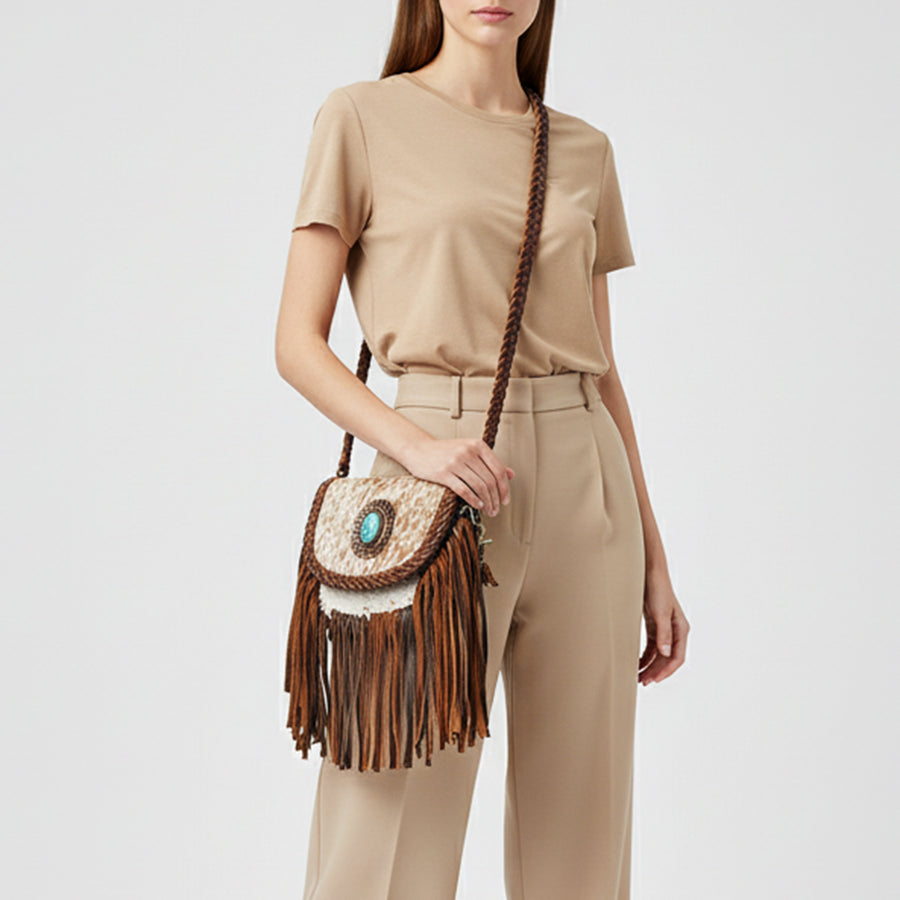 American Darling Cross body Bag Western Genuine Leather Handcrafted Purse with Turquoise Stone and Braided Detail